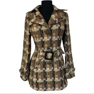 Daytrip Coat Brown Tan Checkered Belted Button Front M